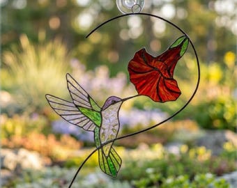 Flying Hummingbird Feeder Suncatcher | Hibiscus Flower Window Hanging