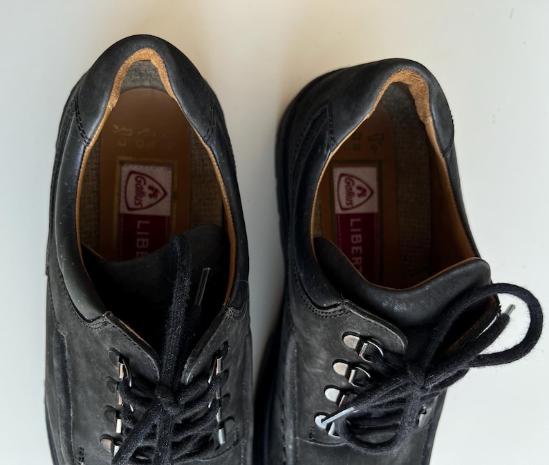 May include: A pair of black leather shoes with laces, metal eyelets, and a textured appearance. The shoes have a low-profile design with a padded collar and a visible brand label inside. The soles are not visible.