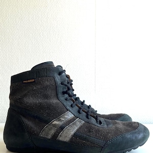 Pu&ograve; includere: Un paio di sneakers alte nere con una texture simile alla pelle scamosciata. Le sneakers presentano un design a strisce argentate sul lato e lacci neri. Il nome del marchio "PALLADIUM" &egrave; visibile sul lato della scarpa.