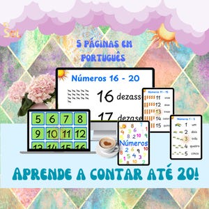 Aprende os números: Conta até 20! Nrs.1-20, arquivo PDF imprimível de 5 páginas. Aprender os números em português, conta de 1 a 20! Animais