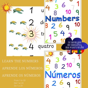 Leer de cijfers: tel tot 20! in PT, ES, en. Afdrukbare pdf. Aprender is numeros em português, espanhol en ingles.