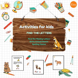 Actividades para niños, Encuentra las letras que faltan, Escribe los nombres de los animales, Juegos de ortografía, jardín de infantes, preescolar, hojas de trabajo para niños pequeños en formato PDF digital