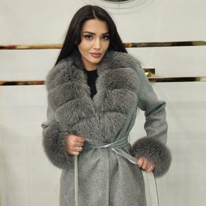 Alpaca Coat: Grey Wool Coat with Real Fox Fur Collar & Cuffs