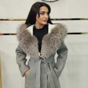 Alpaca Coat with Fox Fur Hood - Grey Belted Women&#39;s Coat