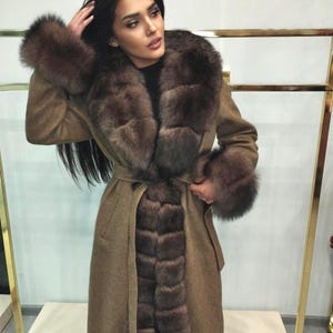 Brown Alpaca Long Coat: Luxurious Real Fox Fur Trim