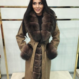 Brown Alpaca Long Coat: Luxurious Real Fox Fur Trim