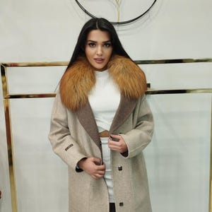 Women&#39;s Alpaca Coat – Fox Fur Collar – Long Beige Coat