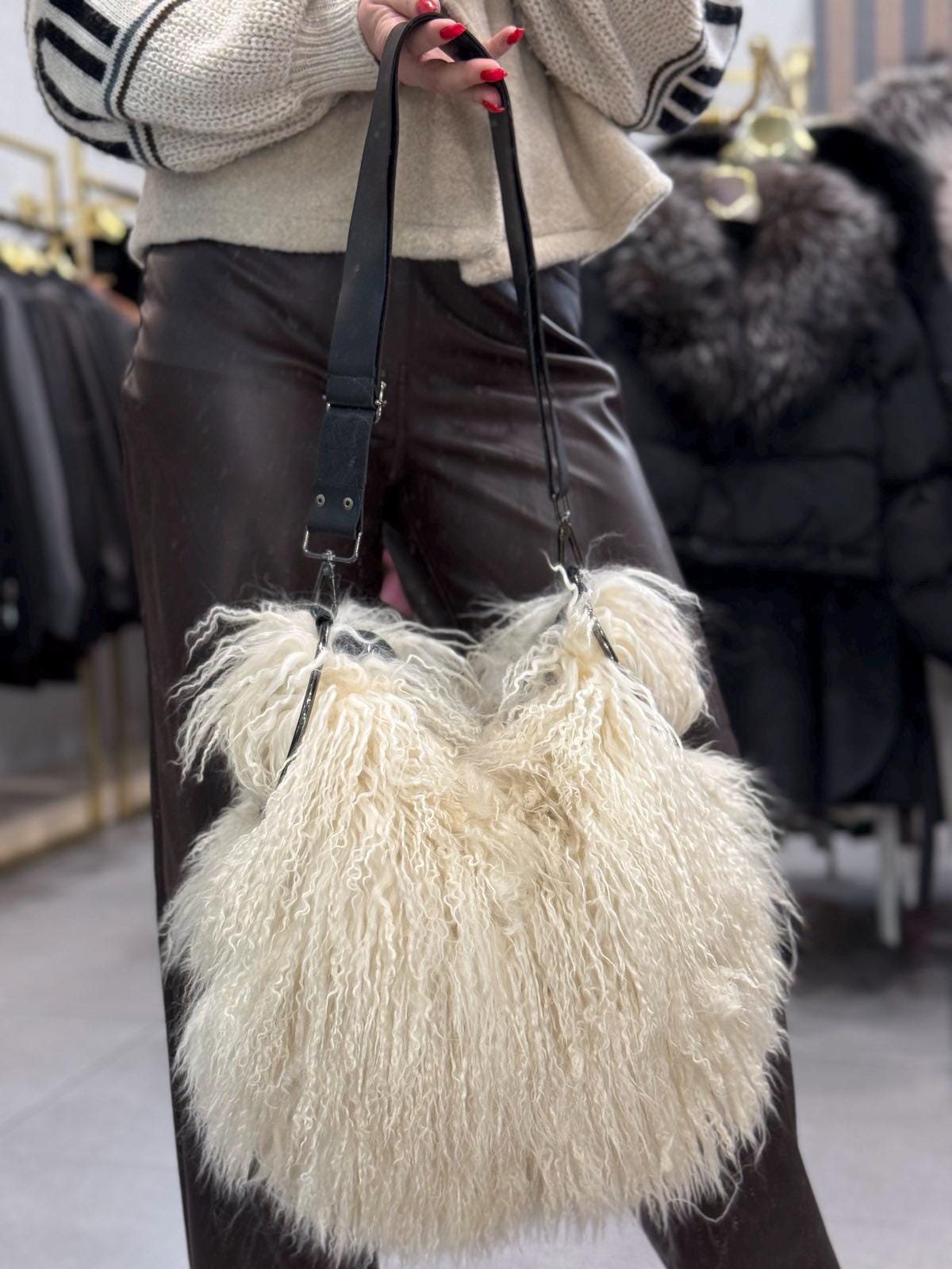 Tibetan Lamb Fur Bag: Black Genuine Leather Handles - Etsy Israel