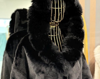Abrigo de lujo de Alcántara negra - Capucha y puños de piel de zorro - Chaqueta para mujer