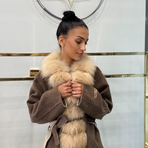 Alpaca Long Coat with Fox Fur Trim - Women&#39;s Luxury Brown Jacket