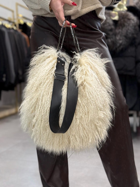 Tibetan Lamb Fur Bag: Black Genuine Leather Handles - Etsy Israel