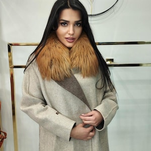 Women&#39;s Alpaca Coat – Fox Fur Collar – Long Beige Coat