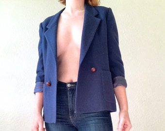 1980s Navy Wool Blazer Jacket Evan Picone Petite Size XS Small