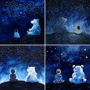Bear and Child Night Wall Art – 8 Printable Nursery Posters with Stars and Dreamy Skies