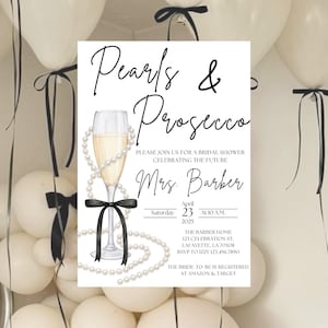 Inbjudan till bruddusch med pärlor och Prosecco: Elegant champagnetema (Canva-mall)