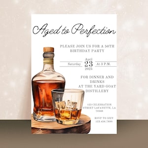 Aged to Perfection Birthday Invitation Whiskey Bourbon Theme 40th 50th 60th Birthday Adult Men&#39;s Birthday Invite Whiskey Tasting Celebration
