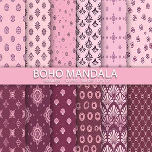 Op de afbeelding: Een verzameling naadloze Boho Mandala-patronen in roze en bordeaux tinten. De patronen omvatten bloemen-, geometrische en abstracte ontwerpen. De tekst "BOHO MANDALA" is zichtbaar.