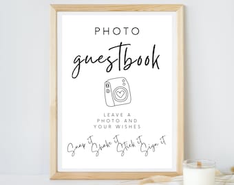 Modern Minimalist Wedding Photo Guestbook Table Sign Template, Digital Editable Snap it Shake it Wedding Photo Book Polaroid Camera Signs