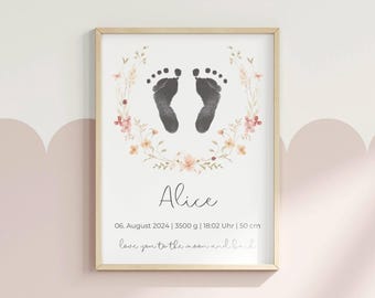 Namensposter Baby Mädchen Fußabdruck personalisiert | Geburtsposter Geburtsdaten floral | Babygeschenk Geburt | Kinderzimmer Deko Aquarell