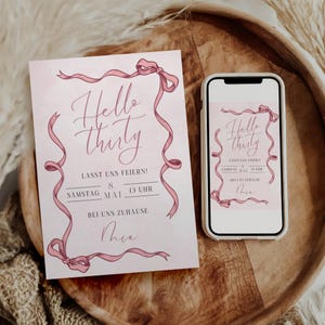 Digitale Einladung 30. Geburtstag Hello Thirty | Canva Vorlage | Editierbare Geburtstagseinladung | DIY Party Einladung | elegante Schleifen