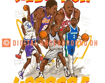 Puede incluir: Ilustración gráfica con jugadores de baloncesto en acción. La imagen incluye el texto "MADE FOR HOOPERS" en naranja, con el copyright Digital Underground OH. Los jugadores visten camisetas con logotipos de equipos y números.