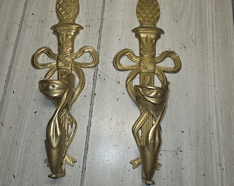 Vtg Brass Wall Candle Sconces Torch Ribbon & Pineapple Gothic Hollywood Regency