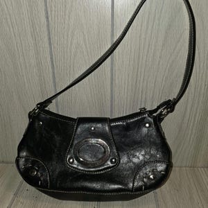 Vtg Y2K 2000s Black Leather Shoulder Bag Baguette Purse Silver
