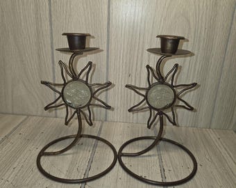 Vintage 90s Celestial Sun Glass Metal Candle Holders Boho Mystical Decor 7"