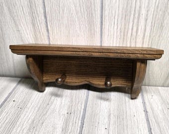 Vintage Oak Small Wall Shelf Scalloped Edge Hooks 9" Farmhouse Cottagecore