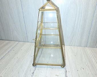 Vintage Pyramid Brass Glass Curio Cabinet Display 3 Tier Shelf 9" Retro Regency