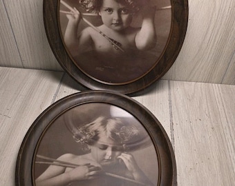 Antique 1897 Cupid Awake & Asleep Pictures M B Parkinson Oval Frames Victorian