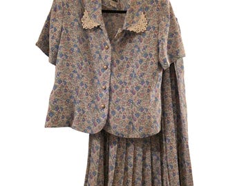 Vtg 80s Floral Print Two Piece Skirt Set Peter Pan Lace Collar Ornate Buttons 16