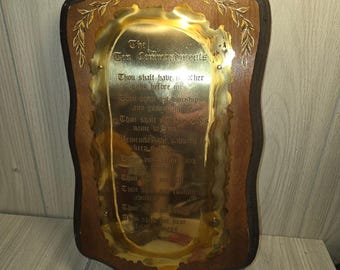 Vtg Ten Commandments Large Wood And Brass Plaque Religious Wall Decor 17"x 9"