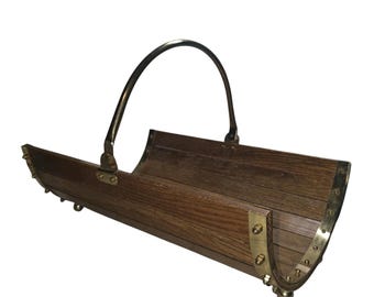 Vtg Oak W/Brass Handle & Accents Magazine Rack Log Holder Mid Century Modern