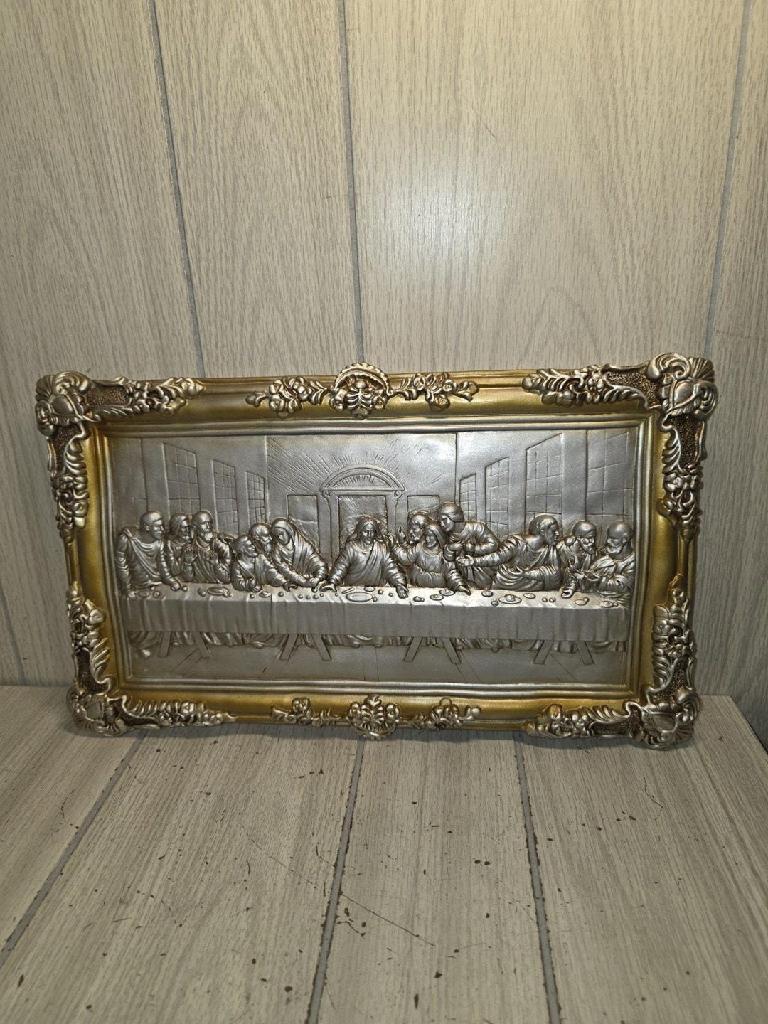 Vintage Last Supper Jesus Wall Hanging Chalkware Silver Gold 16 X 9 ...
