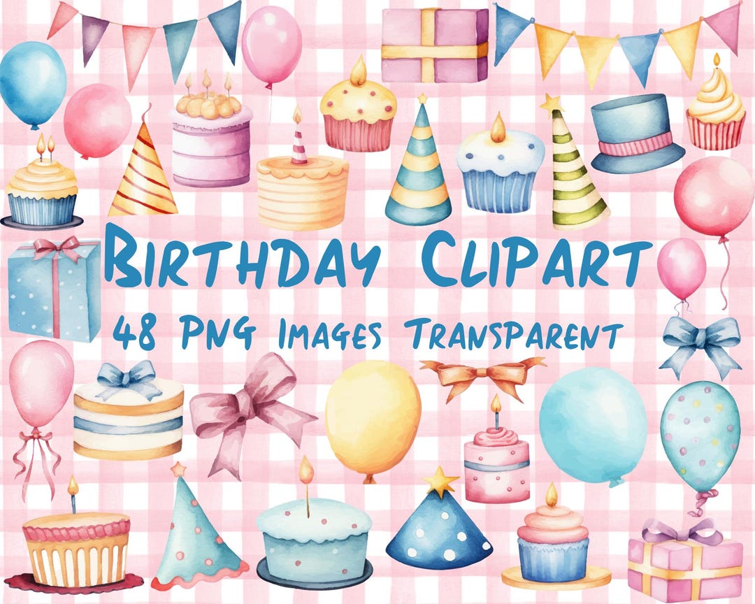 Birthday Clipart PNG Bundle | 48 Watercolor Party Images - Balloons ...