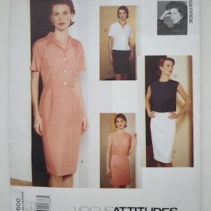 May include: A Vogue Attitudes sewing pattern envelope, number 1600, size 8-12. The front displays illustrations of various garments including a peach-colored button-front dress, a white collared shirt with a dark skirt, and a sleeveless top with a white skirt.