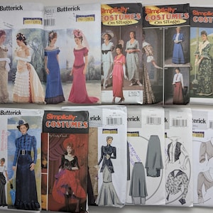 May include: A collection of twelve sewing pattern envelopes from Butterick and Simplicity, featuring historical costume designs. The envelopes display illustrations of various dresses, skirts, jackets, and vests, with brand logos and pattern numbers visible.