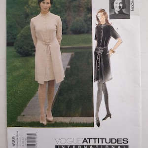 May include: A Vogue Attitudes International sewing pattern envelope, number 1669, for sizes 8-10-12. The cover features a photograph of a beige button-front dress with a mandarin collar and waist tie, alongside a black and white illustration of the same design.
