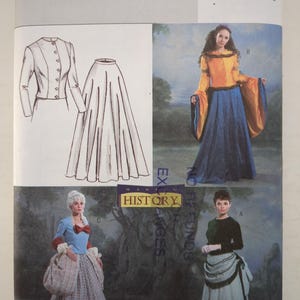 May include: Butterick sewing pattern B4154 featuring historical costume designs. The package displays illustrations of a jacket and skirt, alongside three finished outfits: a blue and yellow gown, a blue jacket with a patterned skirt, and a green top with a striped skirt.