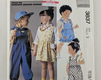 Sewing Pattern UNCUT Easy McCall's 3837 Toddler's and Child's Shirt, Overalls, Short-All and Jumper Size 3 Vintage 1988