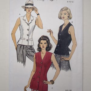 May include: A Very Easy Very Vogue sewing pattern envelope, number 8638, for sizes 8-10-12. The illustration displays three sleeveless vest designs labeled A, B, and C, featuring button closures, tailored collars, and various pocket styles.
