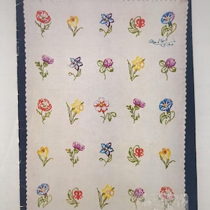 Peut inclure: Un livret d'instructions vintage intitulé Keeping Warm With WEAVE-IT Book No. 9. La couverture présente une grille de vingt petits motifs floraux en point de croix colorés sur un fond clair avec une bordure bleu foncé et un prix de 25c.