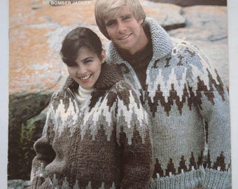 Vintage White Buffalo The Canadian Yarn Knitting Booklet 6727 His or Hers Cardigan, Pullover, or Bomber jacket