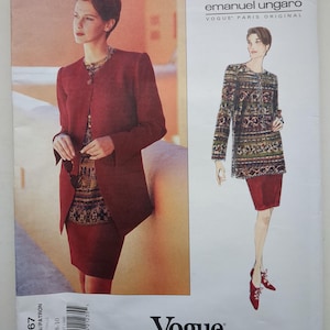 May include: A Vogue Paris Original sewing pattern envelope for Emanuel Ungaro design 1567, featuring a maroon jacket and skirt set with a patterned tunic. The cover displays a photograph and a fashion illustration of the outfit in sizes 6-8-10.