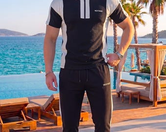 Black Contrast Zip Polo Tracksuit, Men's 2 Piece Set, Casual Summer Athleisure, Urban Streetwear