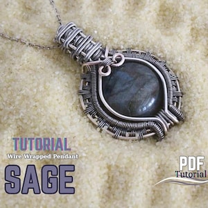 May include: A wire-wrapped pendant with a large, oval, blue-gray stone. The pendant is made of silver-colored wire and hangs on a delicate chain. The word "SAGE" is displayed in purple letters, with the words "Wire Wrapped Pendant" above it.