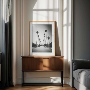 May include: A framed black and white photograph of a palm tree-lined street. The photograph is in a light wood frame and rests on a dark wood cabinet with two doors and a black metal base. The room has a neutral color palette.