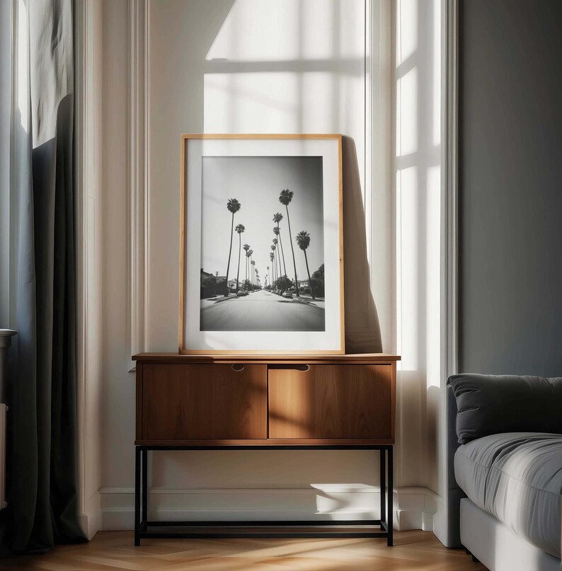 May include: A framed black and white photograph of a palm tree-lined street. The photograph is in a light wood frame and rests on a dark wood cabinet with two doors and a black metal base. The room has a neutral color palette.