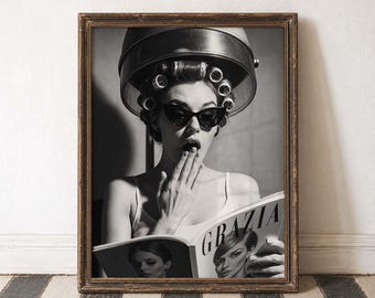 Retro Beauty Art Vintage Glamour Salon Wall Print Black White Poster Hollywood Style Chic Woman Art Stylish Wall Art Bold Feminine Hairstyle